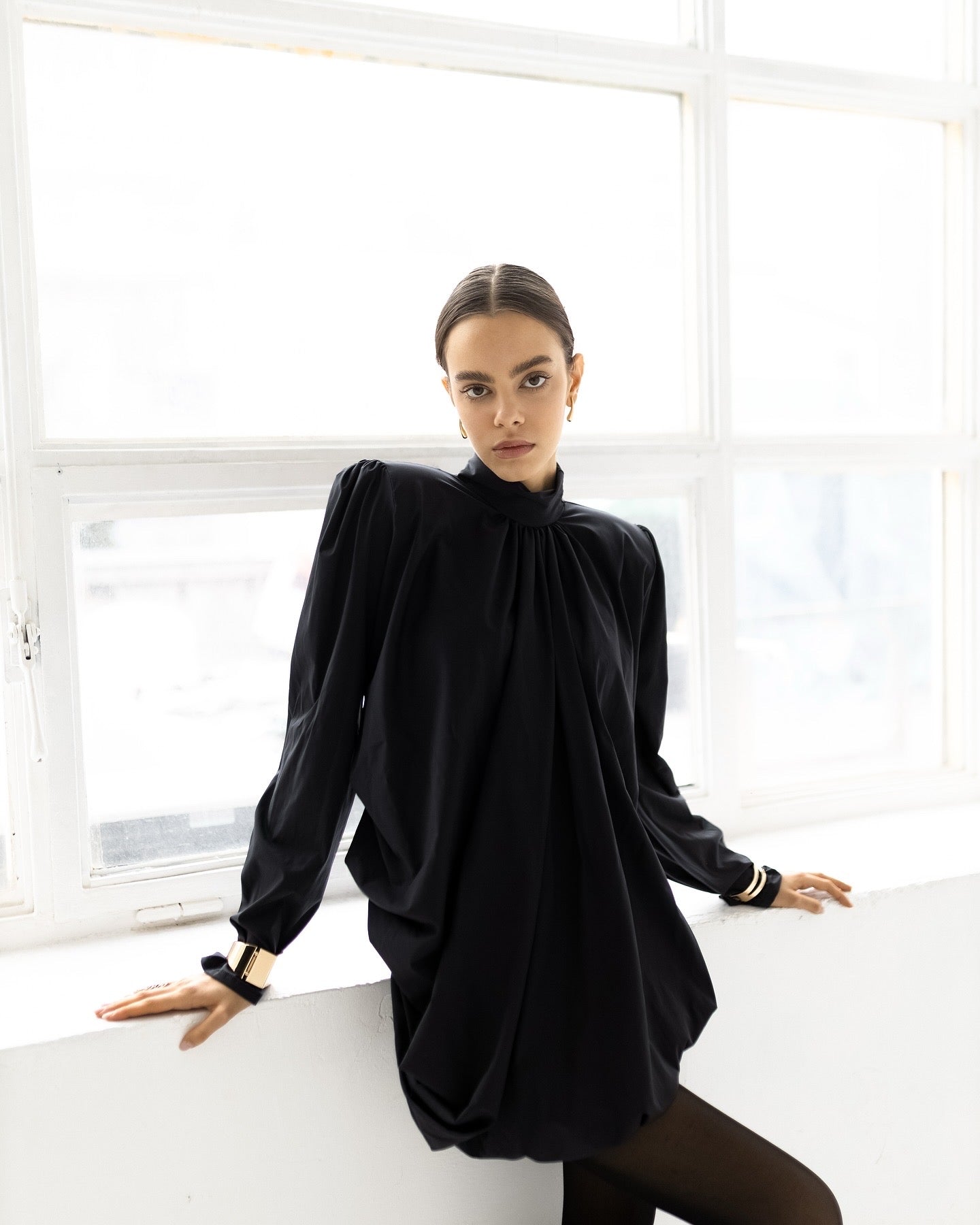 Black draped balloon dress