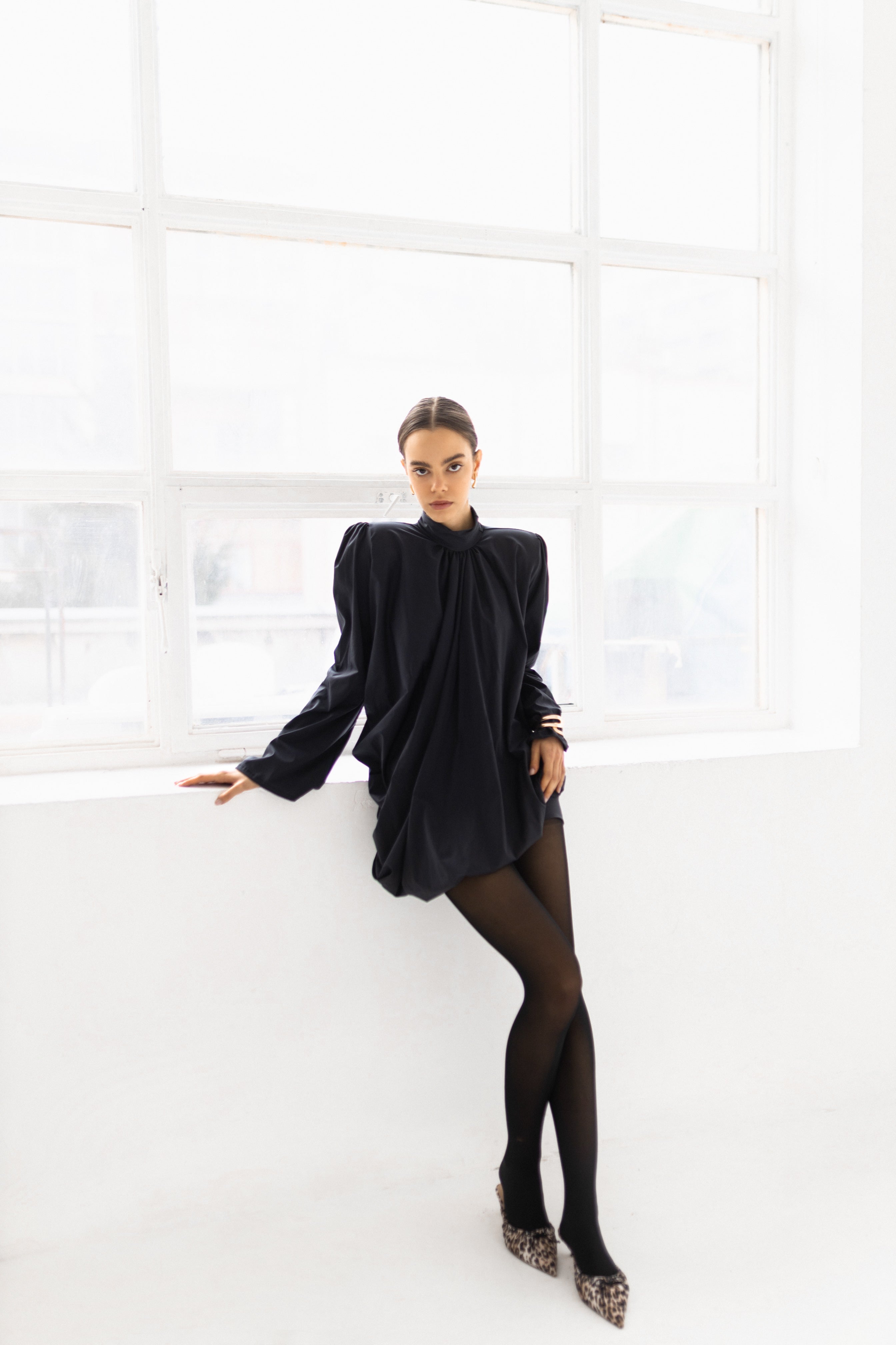 Black draped balloon dress